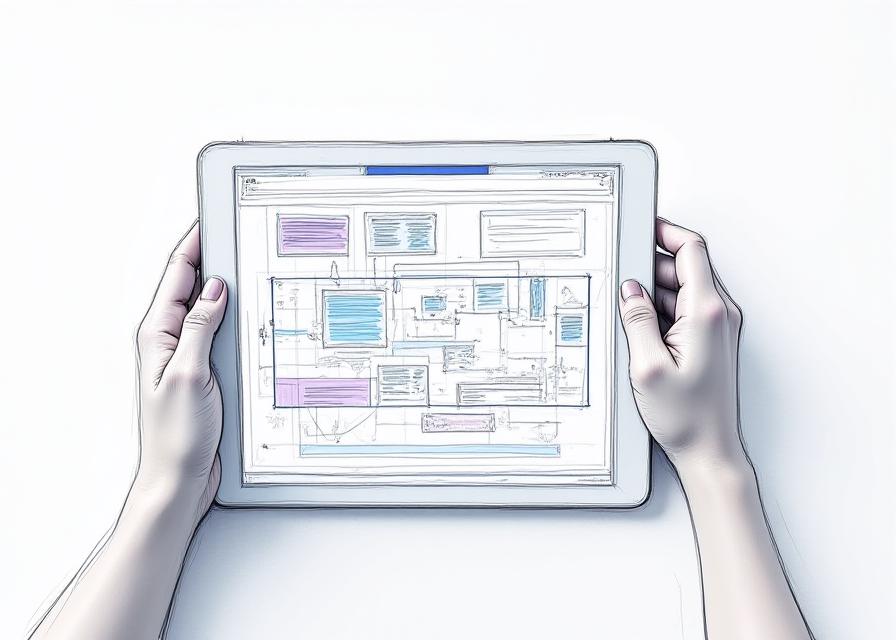 Skizze eines komplexen Navigationsflusses auf einem Tablet, detaillierte Drahtmodelle und Pfeile, die Interaktionen zeigen