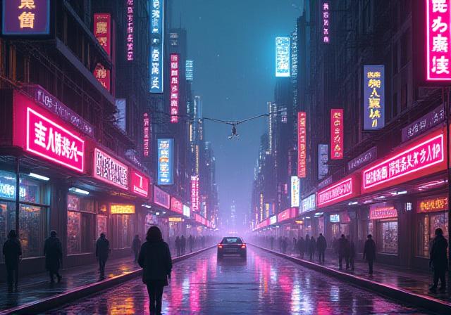 2D Rendering einer stilisierten futuristischen Stadt bei Nacht, beleuchtet von leuchtenden Neonlichtern und energetischen Lichtspuren